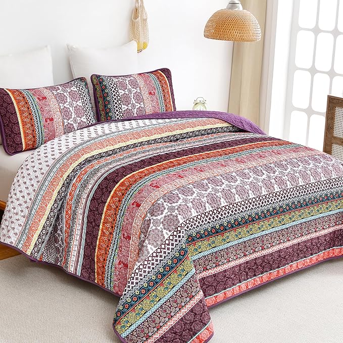 WONGS BEDDING Boho Quilt Set King Size, Lightweight Soft Microfiber Bedding Set - Image 2