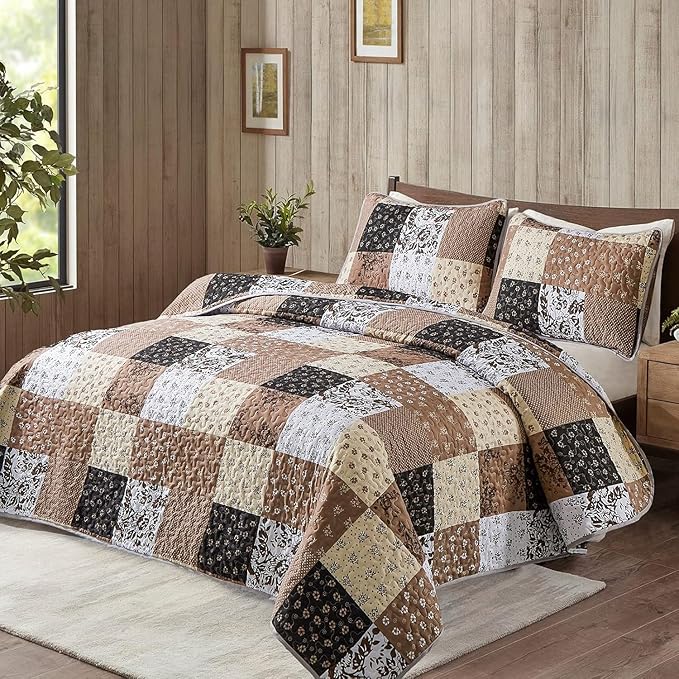 Mybedsoul Brown Quilt Set Full Size, 3 Pieces Plaid Floral Bedspread Set - Image 2