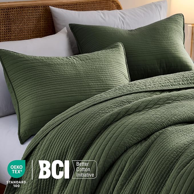 palassio Striped Olive Green 100% Cotton Quilt Twin Size Bedding Sets, - Image 3
