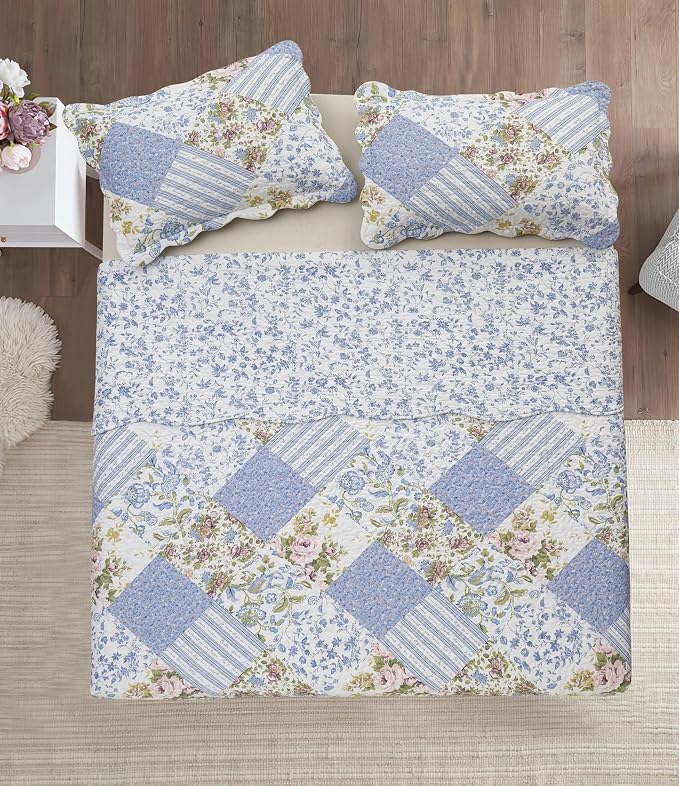 Brilliant Sunshine Blue Rose Patchwork, 3-Piece Quilt Set - Image 6