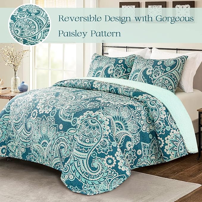 Whale Flotilla Reversible Printed Quilts Queen Size, Extra Soft Boho Paisley - Image 2