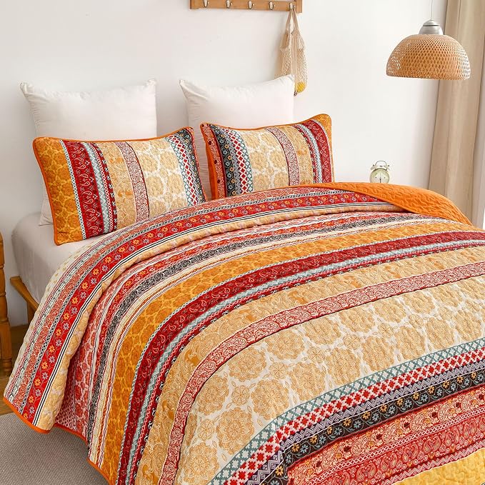 WONGS BEDDING Boho Stripe Quilt Set Queen Size, 3 Pieces Orange Bohemian Quilt - Image 8