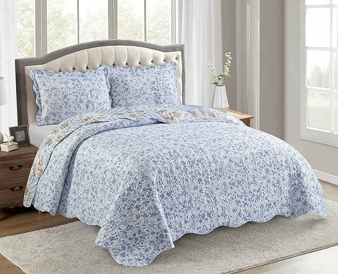 Brilliant Sunshine Blue Rose Patchwork, 3-Piece Quilt Set - Image 2