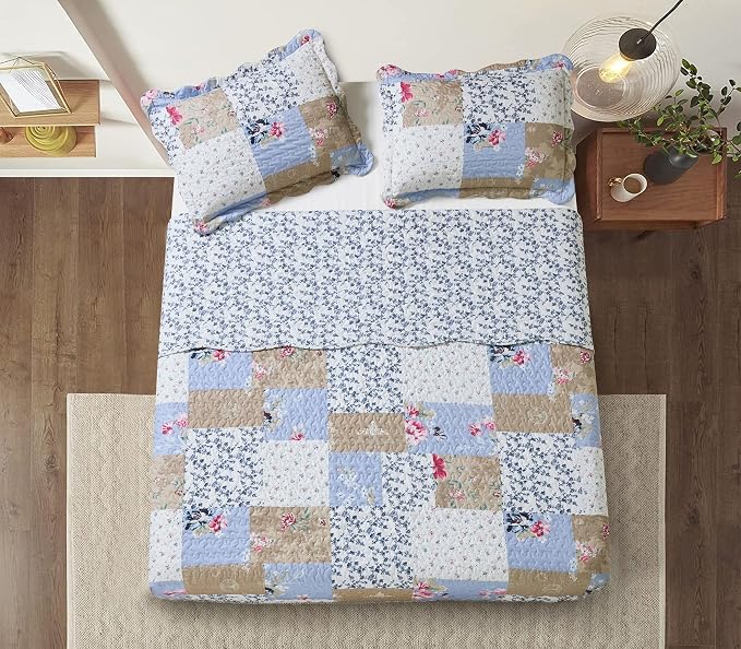Brilliant Sunshine Pink and Blue Roses Toile Quilt Set, 3-Piece Bedding Sets - Image 7