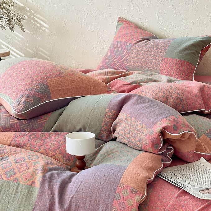 mixinni 100% Cotton Double Layer Yarn Duvet Cover Set, Vintage Patchwork Floral - Image 5