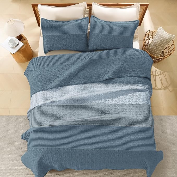 Litanika Oversized King Quilt Set Blue Linen, 128x120 Stripe Bedspread Coverlet - Image 3