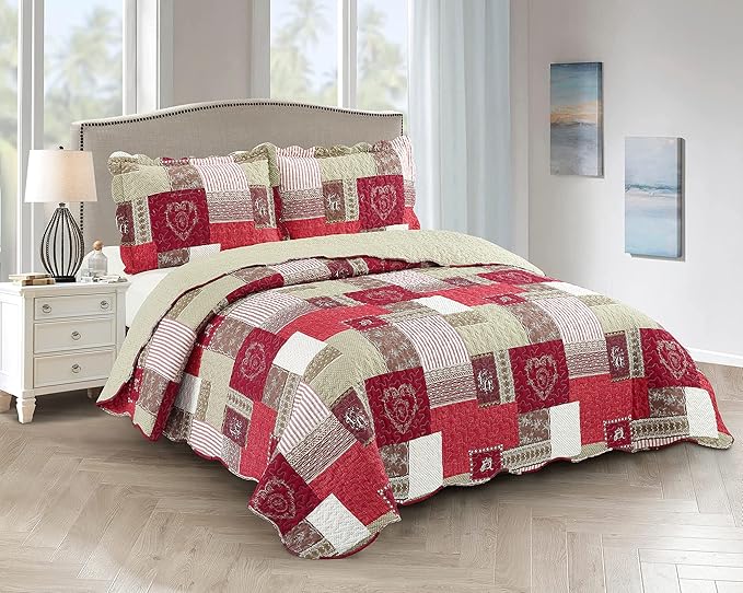 Brilliant Sunshine BurgundyHeart Love, Floral and Lace Patchwork, 3-Piece Quilt by BrilliantSunshine