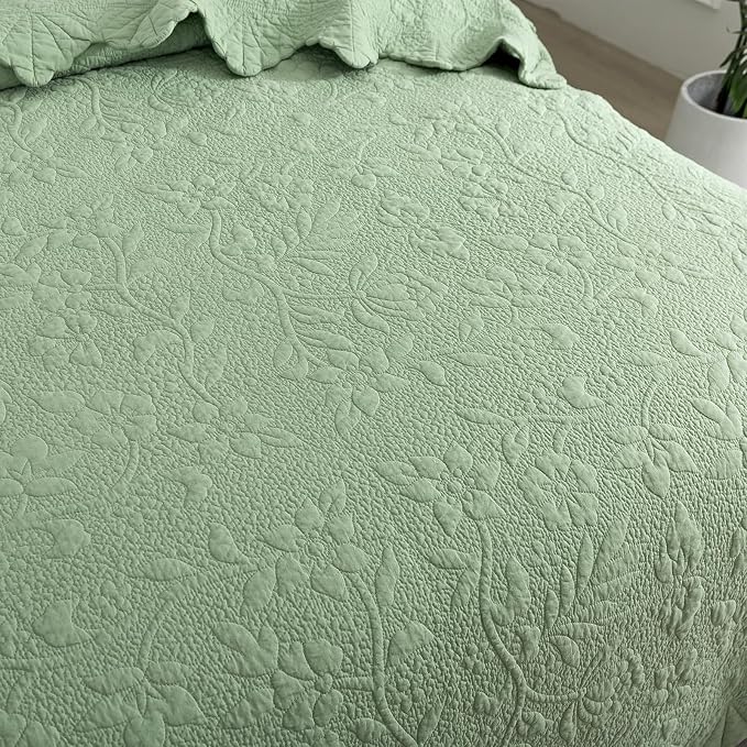 Brandream Premium Sage Green Cotton Quilt Set Queen Size Floral Vine Stitching - Image 3