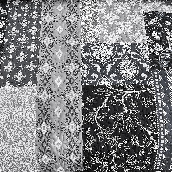 WONGS BEDDING Black Quilt Set King Size, 3 Pieces Boho Patchwork Bedspread - Image 7