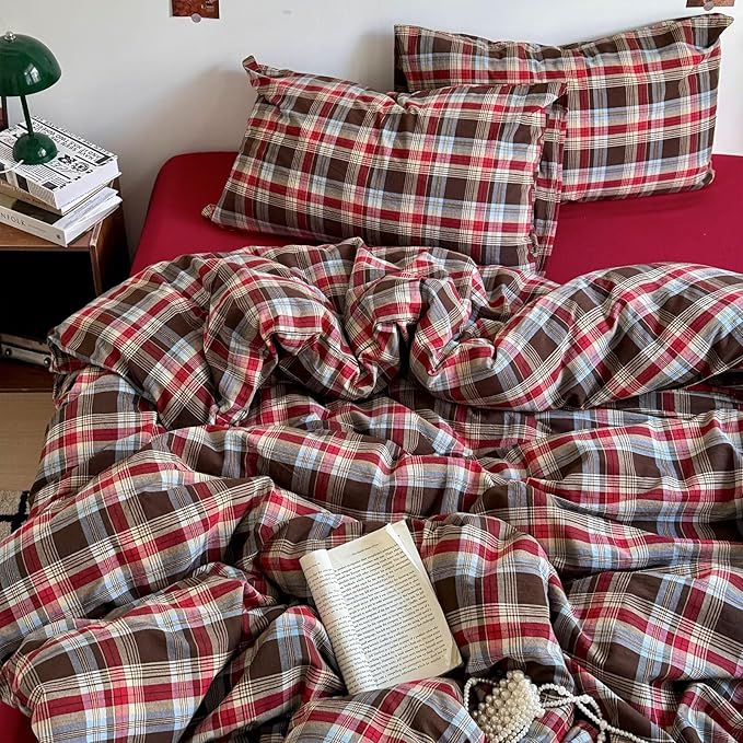 mixinni Vintage Red & Brown Buffalo Plaid Duvet Cover Set King Size by mixinni