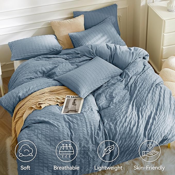 JELLYMONI Sierra Blue Duvet Cover Queen Size, Soft Breathable Seersucker Duvet - Image 2
