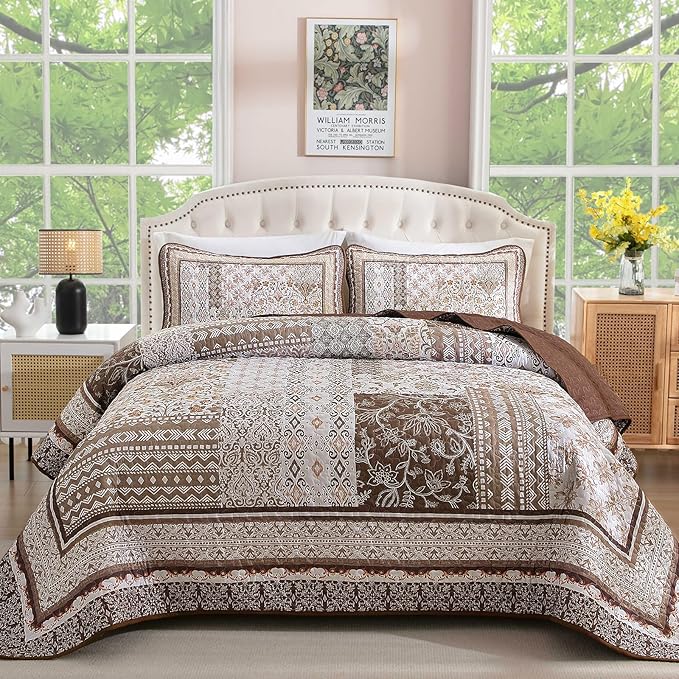 WONGS BEDDING Brown Quilt Set Queen Size, Bobo Floral Bedspread Coverlet Set by WONGSBEDDING