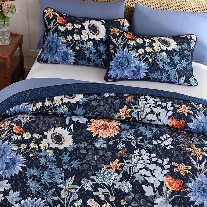 Yiran Navy Blue Sunflower Floral Quilt Set King Size, Botanical Colorful - Image 3