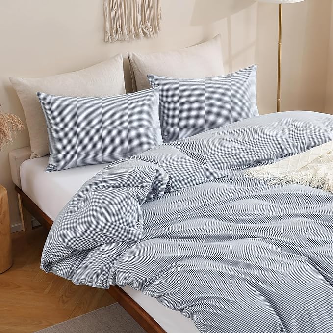 TOCOMOA Mini Gingham Blue Duvet Cover Bedding Set 100% Washed Cotton Like Linen - Image 4