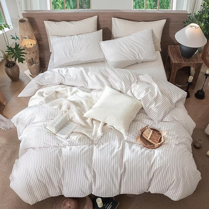 MooMee Striped Duvet Cover Set 100% Washed Cotton Linen Like Textured - Image 5