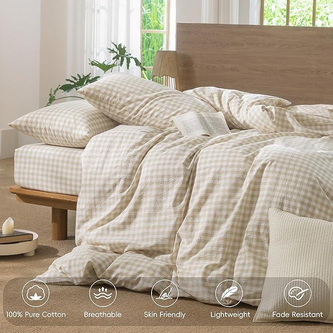 MooMee Gingham Duvet Cover Set 100% Washed Cotton Linen Like Textured - Image 4