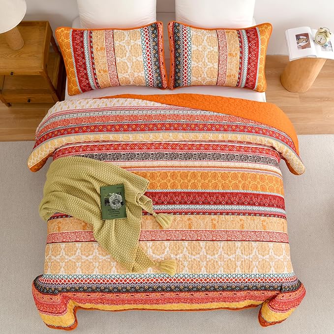 WONGS BEDDING Boho Stripe Quilt Set Queen Size, 3 Pieces Orange Bohemian Quilt - Image 3