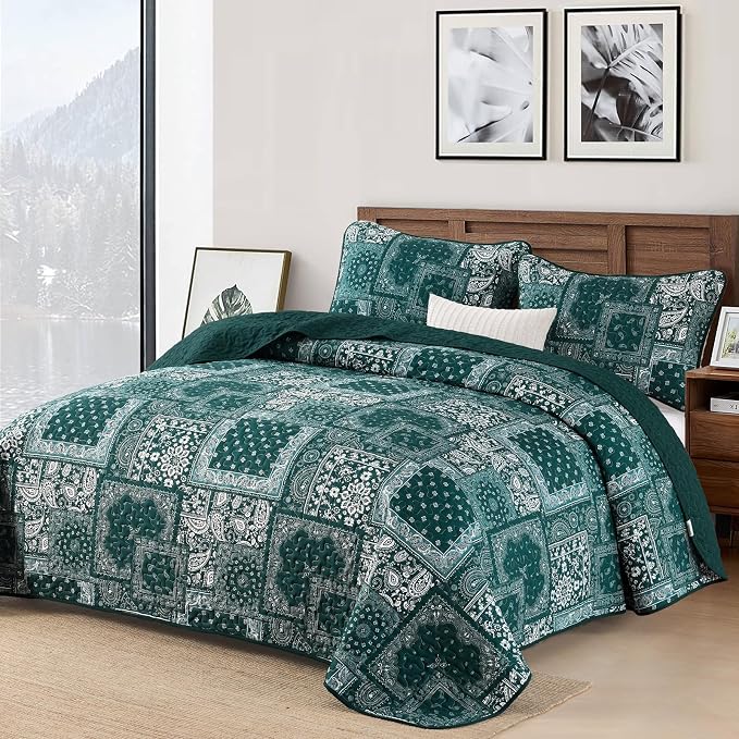 Cottolester Queen Quilt Set 3 Pieces, Emerald Green Patchwork Quilt Set - Image 2
