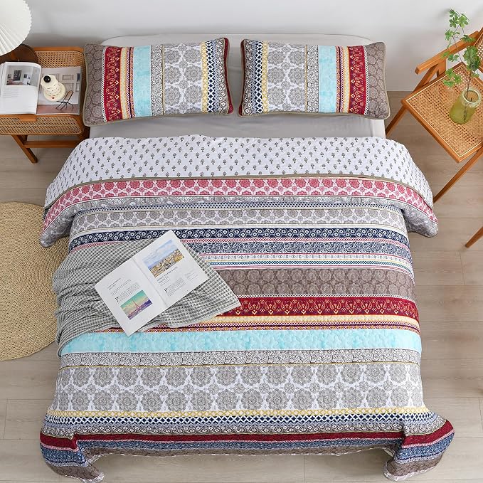 WONGS BEDDING Boho Quilt Set Queen Size, Lightweight Microfiber Bedspread - Image 3
