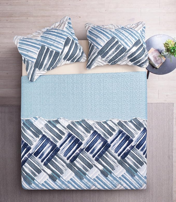 Brilliant Sunshine Blue and Grey Stripe Blocks Patchwork, 3-Piece Quilt Set - Image 6