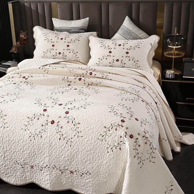 ROOMLIFE Quilt Set Floral Leaves 3D Embroidery Pattern 3 PCS Cotton Reversible by ROOMLIFE