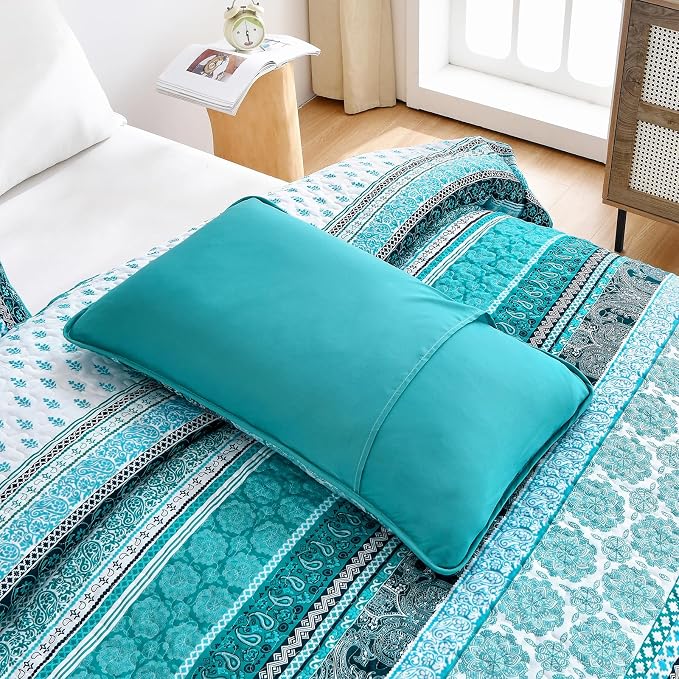 WONGS BEDDING Boho Quilt Set King Size, Teal 3 Pieces Bohemian Striped - Image 9