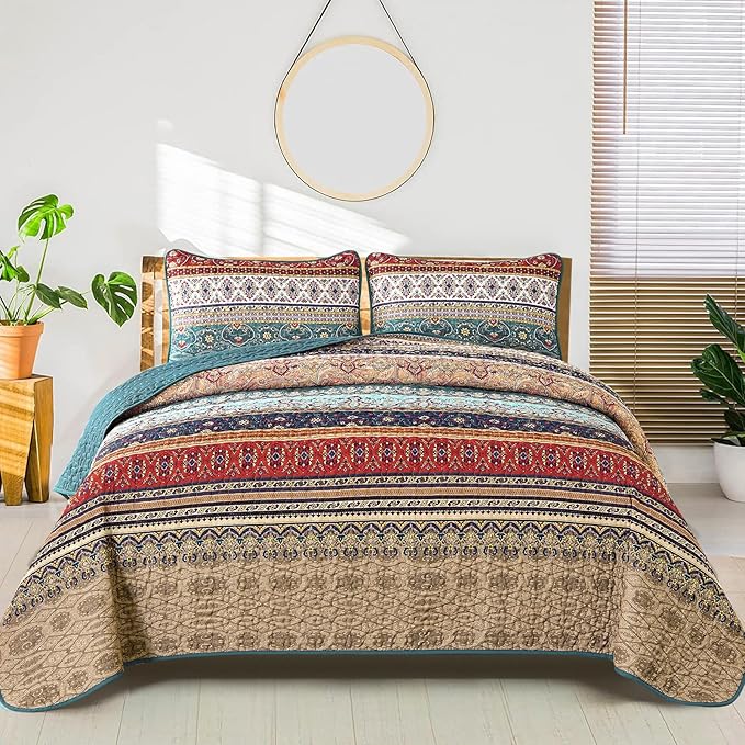 WONGS BEDDING Boho King Quilt Set, Lightweight Microfiber Bed Decor Bedspread by WONGSBEDDING