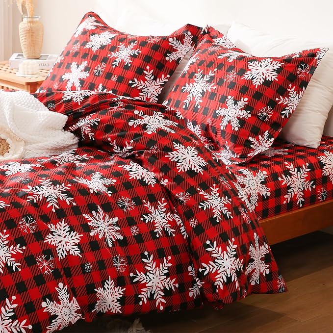 JSD Red Buffalo Plaid Snowflakes Duvet Cover Set King Size, 3 Piece Christmas - Image 2