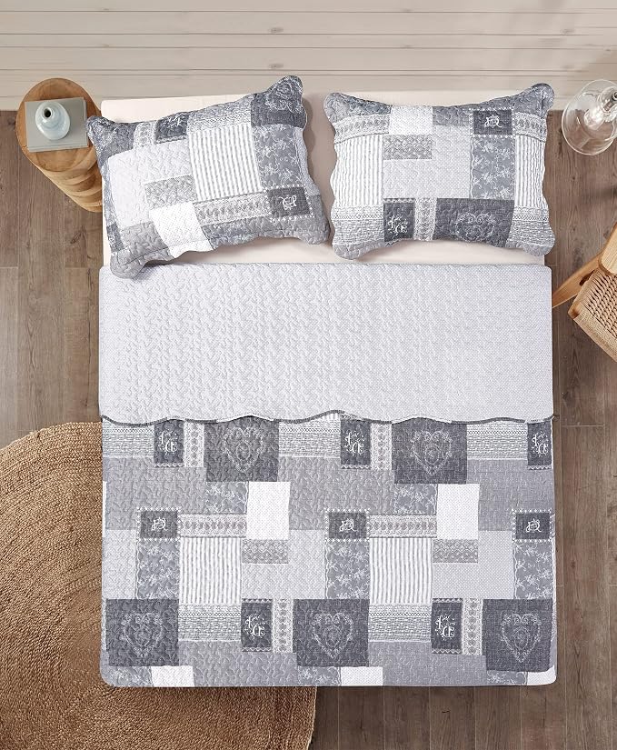 Brilliant Sunshine Grey Heart Love, Floral and Lace Patchwork, 3-Piece Quilt Set - Image 4