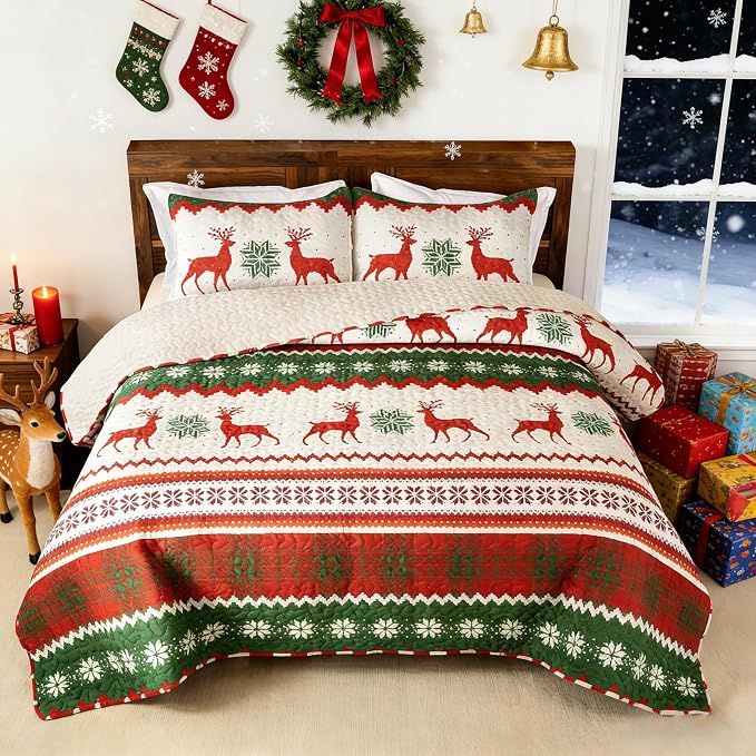 Whale Flotilla Christmas Quilts Queen Size, Soft Boho Floral Bedspreads by WHALEFLOTILLA