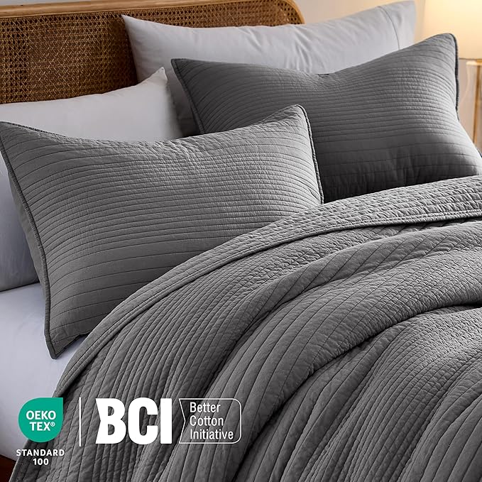 palassio Striped Dark Grey 100% Cotton Quilt King Size Bedding Sets, - Image 3