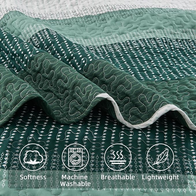 Andency Emerald Green Quilt Cal King, 3 Pieces Patchwork Striped Bedspread - Image 5