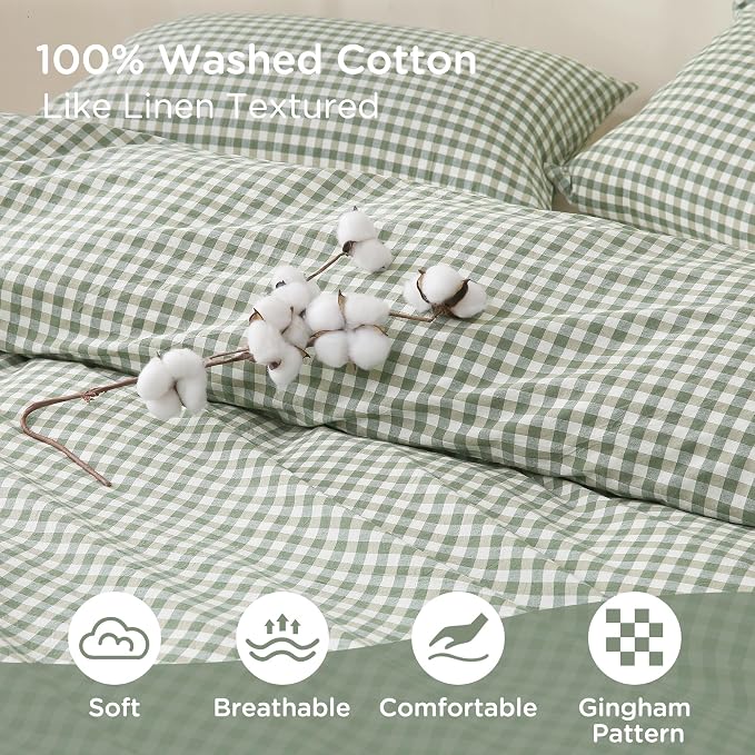 TOCOMOA Green Gingham Duvet Cover Bedding Set 100% Washed Cotton Like Linen - Image 5