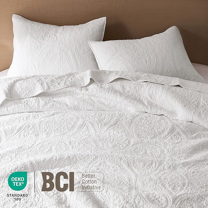 palassio White Paisley 100% Cotton Quilt King Size Bedding Sets - Image 3