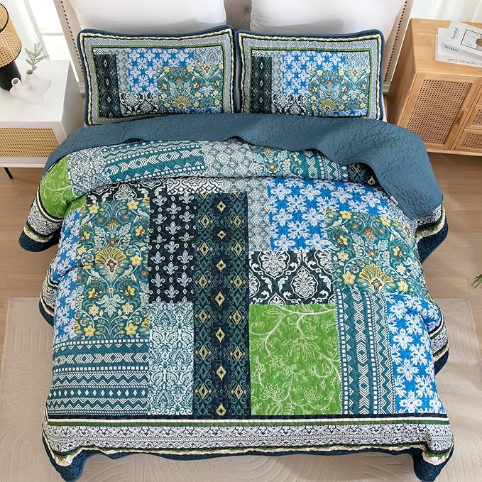 WONGS BEDDING Boho Quilt Queen, 3 Pieces Teal Patchwork Quilt Soft Coverlet - Image 4