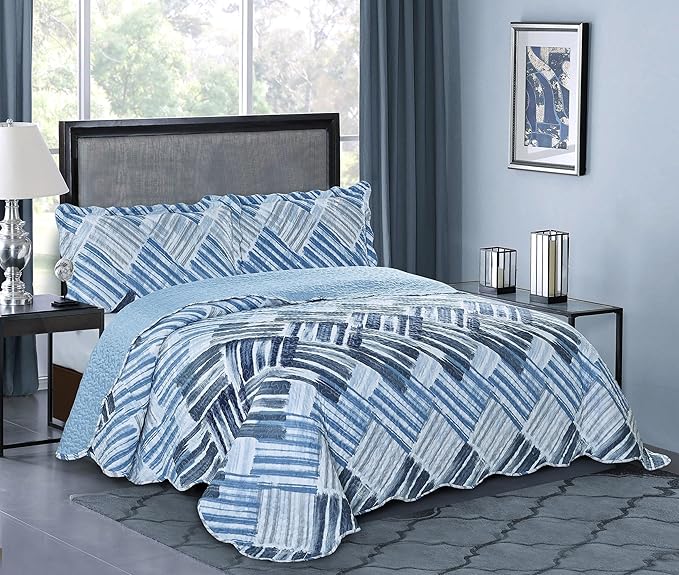 Brilliant Sunshine Blue and Grey Stripe Blocks Patchwork, 3-Piece Quilt Set by BrilliantSunshine