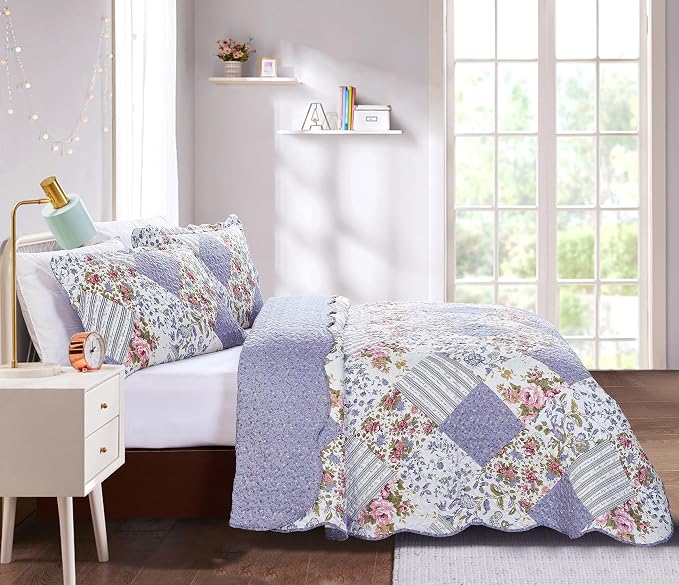 Brilliant Sunshine Rose Violet Patchwork, 3-Piece Quilt Set - Image 7