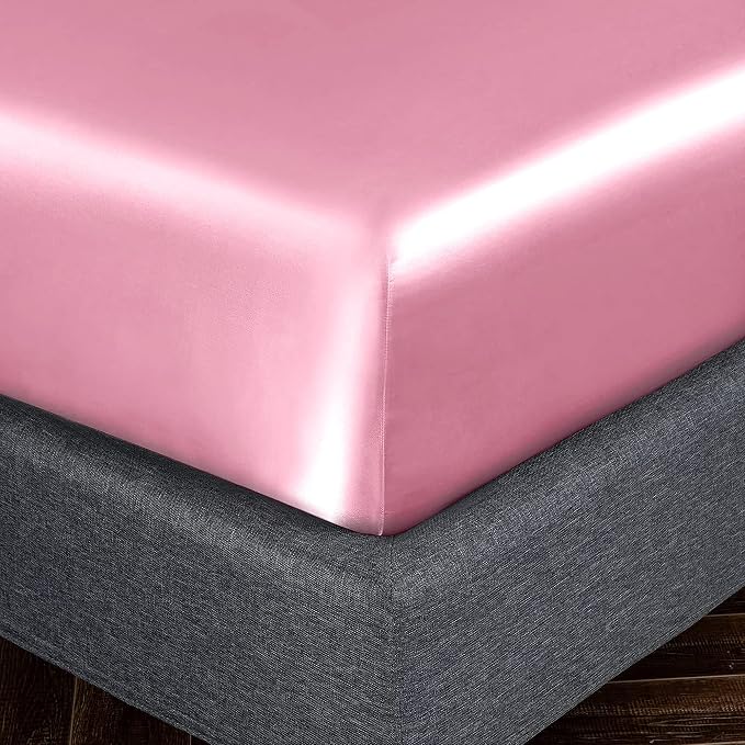 Homiest Pink Satin Fitted Sheet Queen Size, Deep Pocket, Luxury & Ultra Soft - Image 3