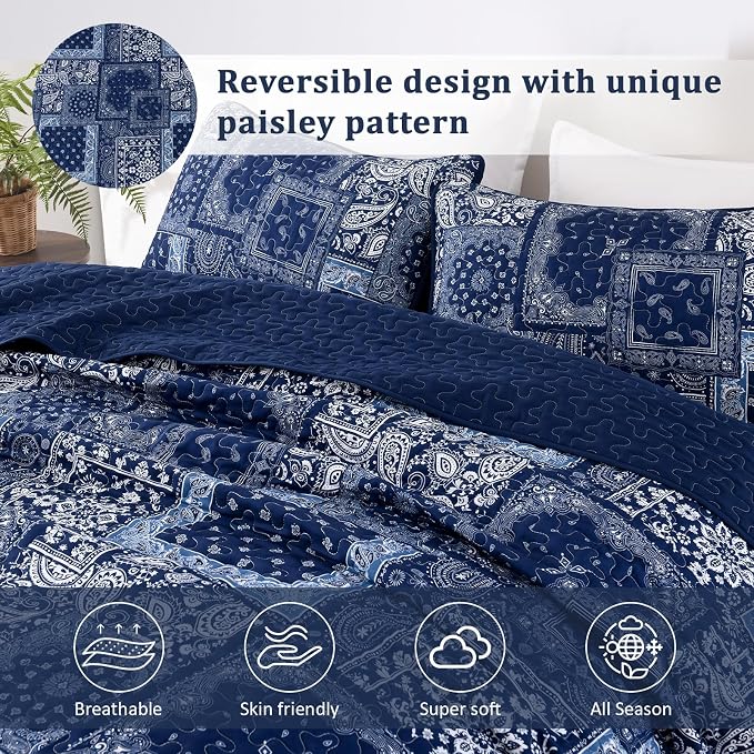 Cottolester Blue Patchwork Quilt Set King Size, Boho Navy Blue Quilt Set - Image 4