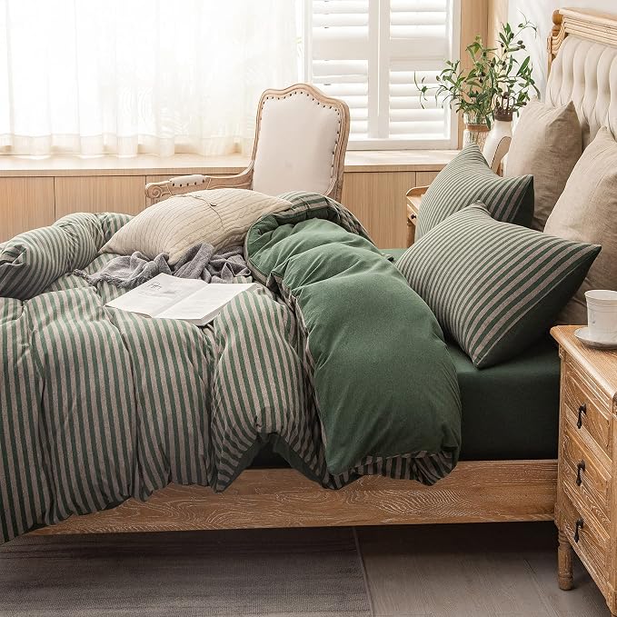 PURE ERA Forest Green Stripe Jersey Duvet Cover Set King Size 100% T-Shirt - Image 2