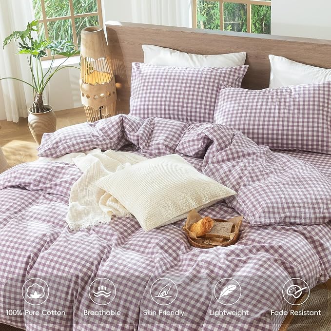 MooMee Gingham Duvet Cover Set 100% Washed Cotton Linen Like Textured - Image 4