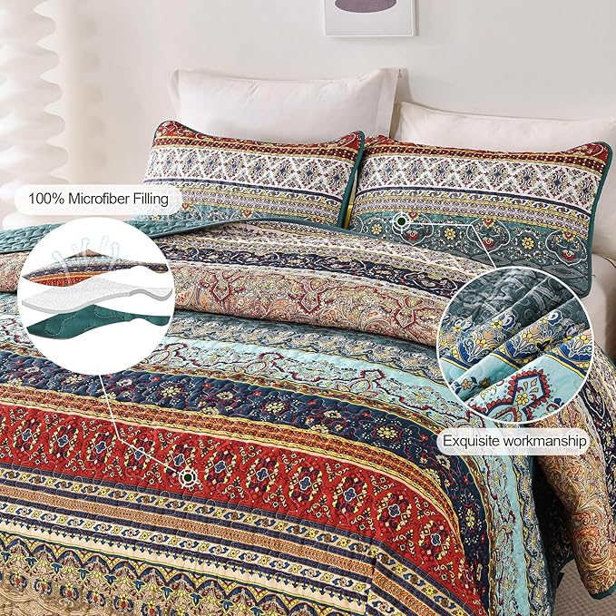 WONGS BEDDING Boho Queen Quilt Set, Lightweight Microfiber Bed Decor Bedspread - Image 5