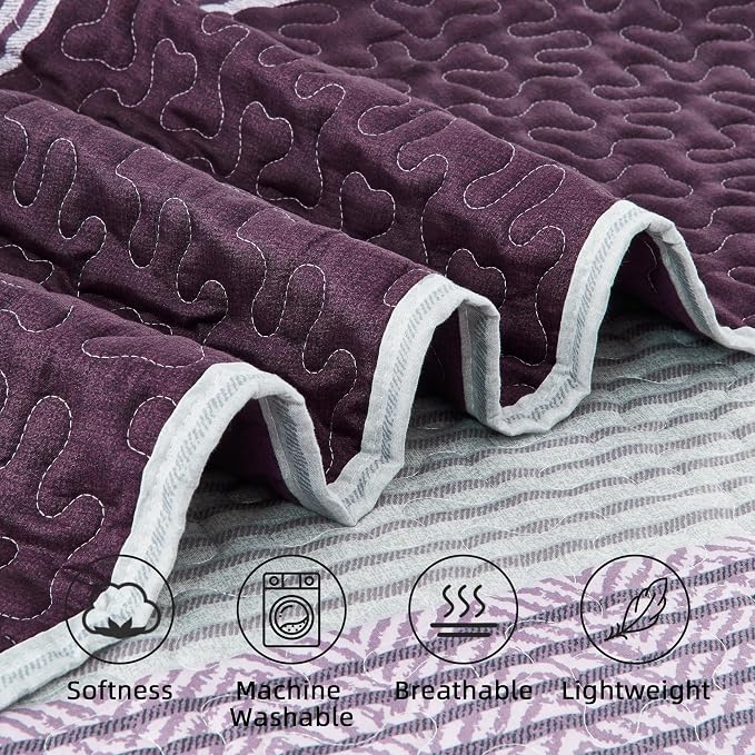 Andency Striped Quilt Set King, 3 Pieces Purple and Grey Striped Bedspread - Image 5