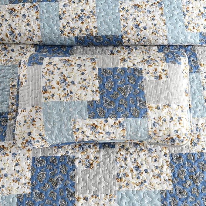 Mybedsoul Light Blue Quilt Set Queen Size, 3 Pieces Boho Plaid Floral Bedspread - Image 7
