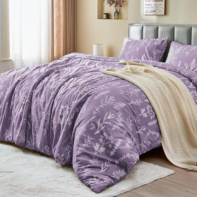 MUXHOMO Duvet Cover Queen Size, Reversible Floral Grayish Purple Duvet Cover Set - Image 3