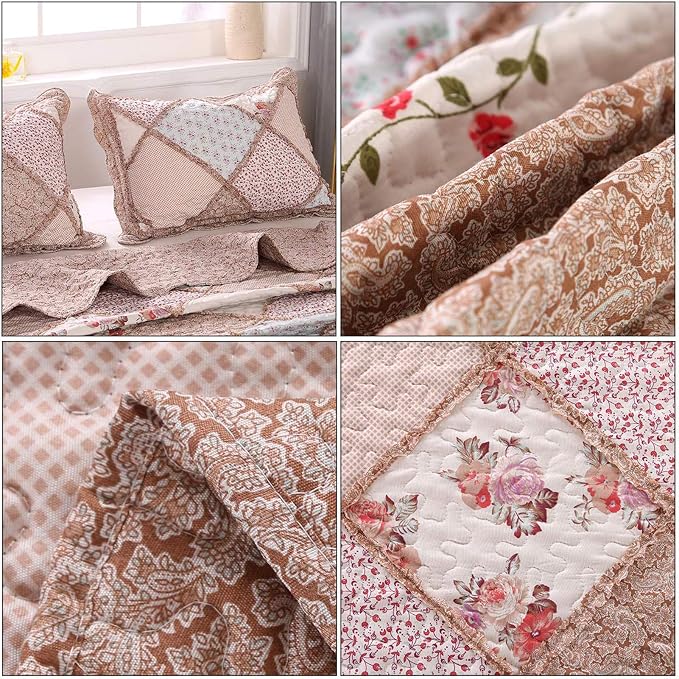 VIVILINEN Queen Size Quilt Set 3-Piece Light Pink Floral Patchwork Reversible - Image 7
