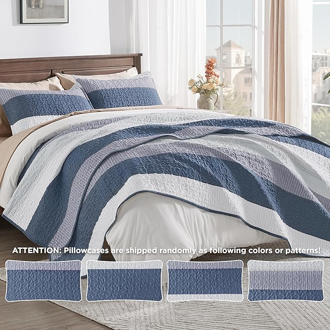 Andency Queen Quilt Bedding Set Mineral Blue, 3 Pieces Patchwork Summer Striped - Image 5