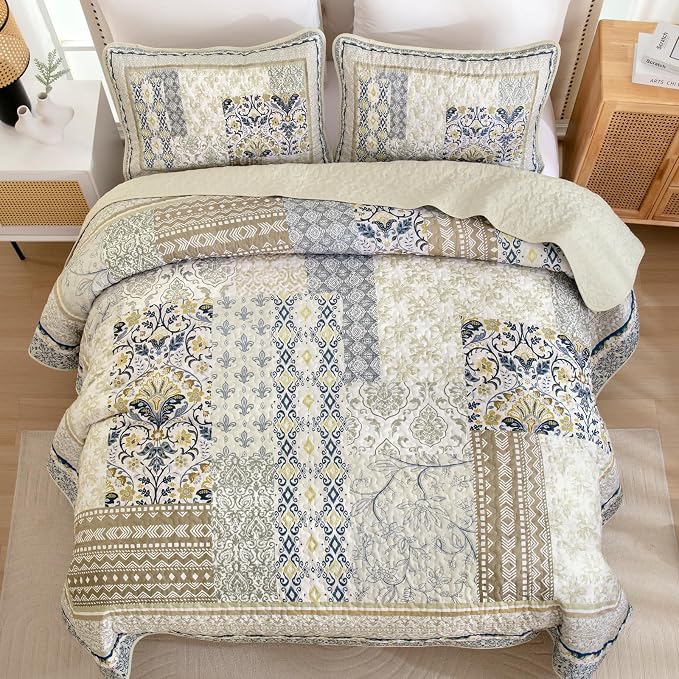 WONGS BEDDING Boho Quilt Set Queen, 3 Pieces Beige Patchwork Bedspread Coverlet - Image 4