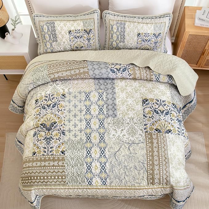 WONGS BEDDING Boho Quilt Set King, 3 Pieces Beige Patchwork Bedspread Coverlet - Image 4