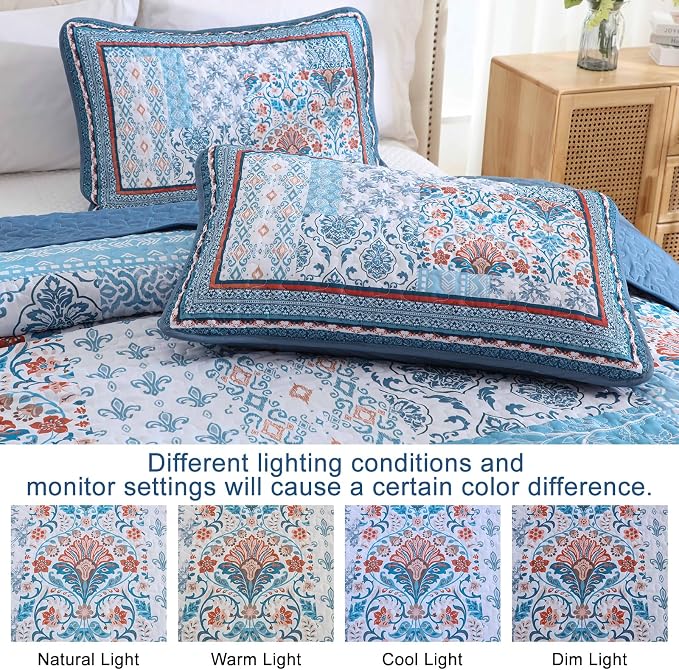 WONGS BEDDING Blue Quilt Set Queen Size, Bohemian Patchwork Bedspread Coverlet - Image 5